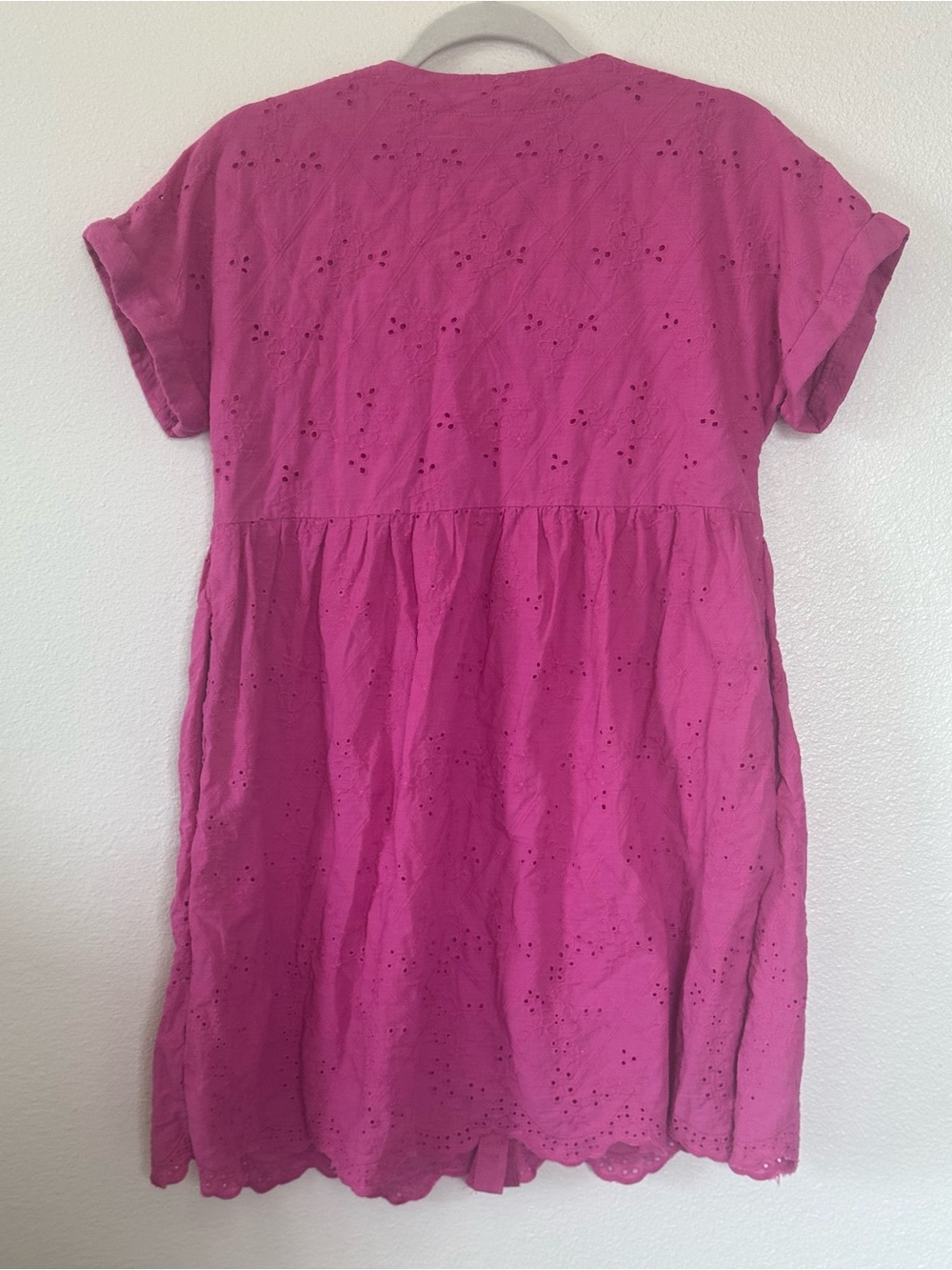 ENTRO Pink Eyelet Cotton Shirt Dress A Line Babydoll Short Sleeve S - Picture 5 of 10